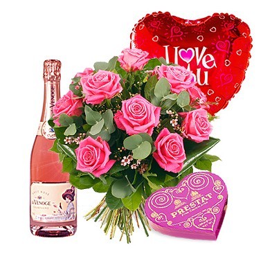 Wine, roses, chocolates and balloon