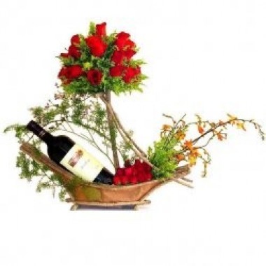 Basket with roses and wine