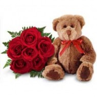 6 roses with teddy bear