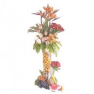 Basket of mixed flowers and fruits