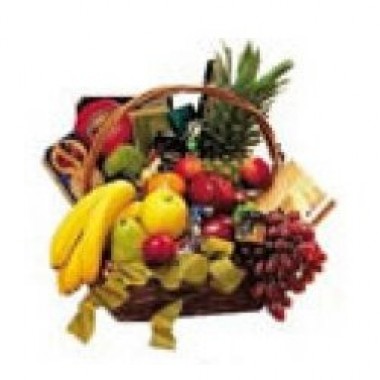Jumbo basket of season fruits, cookies, cheeses chocolates and wine
