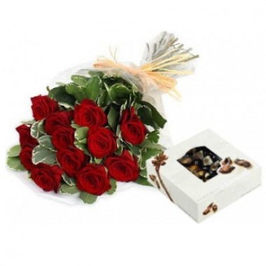 One dozen roses bouquet and a chocolates box