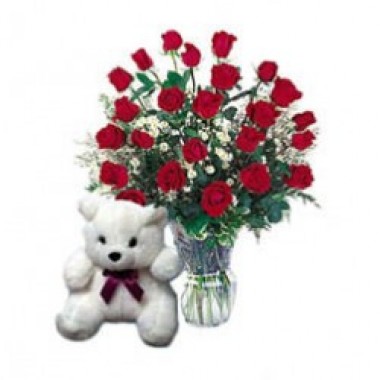 2 dozen roses with teddy bear