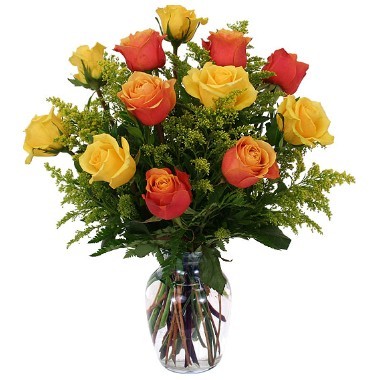 12 yellow and orange roses Vase included