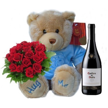 Valentine's  teddy bear, roses and wine