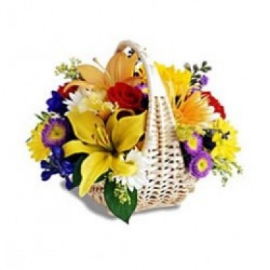 Arrangement of carnations, daisies and tulips