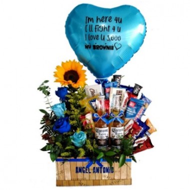 Basket of snacks and blue flowers