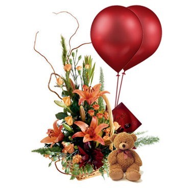 Arrangement with teddy and balloons