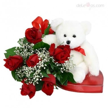 6 roses. Chocolates and Bear included