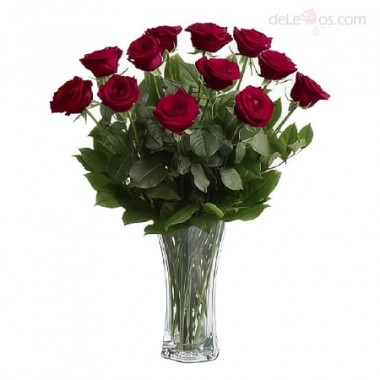 One dozen roses in a glass vase