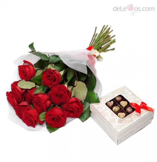 One dozen roses bouquet and a chocolates box