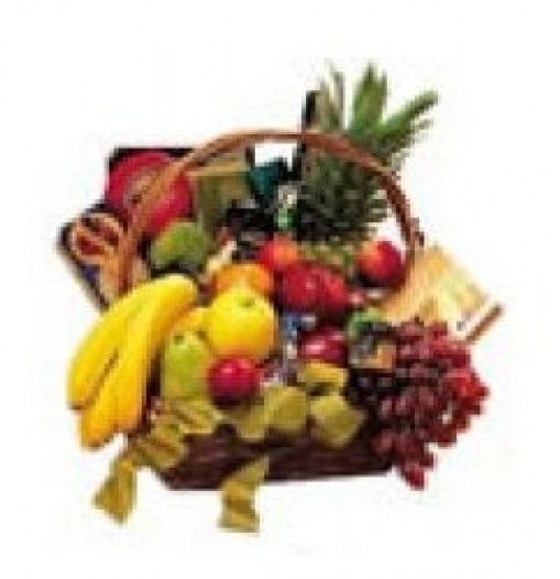 Jumbo basket of season fruits, cookies, cheeses chocolates and wine