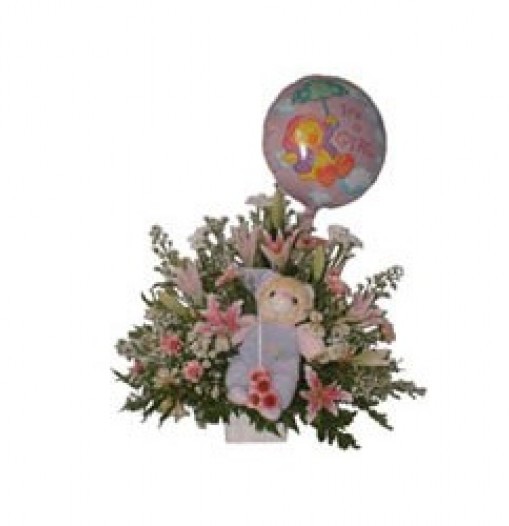 Sweet new baby basket of assorted flowers with a teddy bear and a balloon