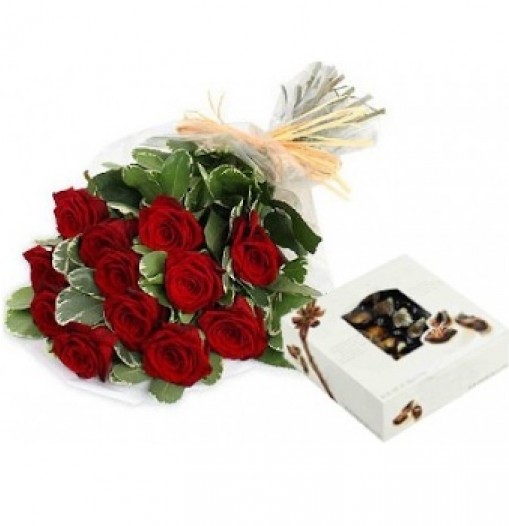 One dozen roses bouquet and a chocolates box
