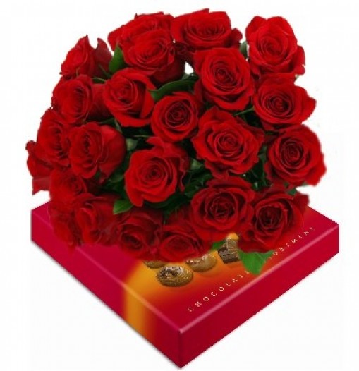 Bouquet of  24 roses. Chocolates box included