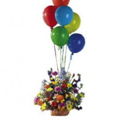 Spring flowers arrangement with balloons