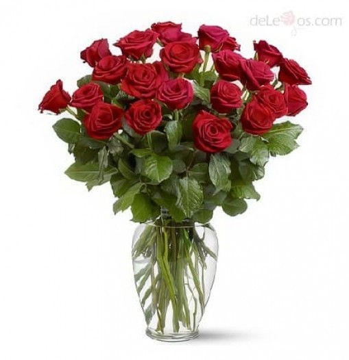 Two dozen roses in a glass vase