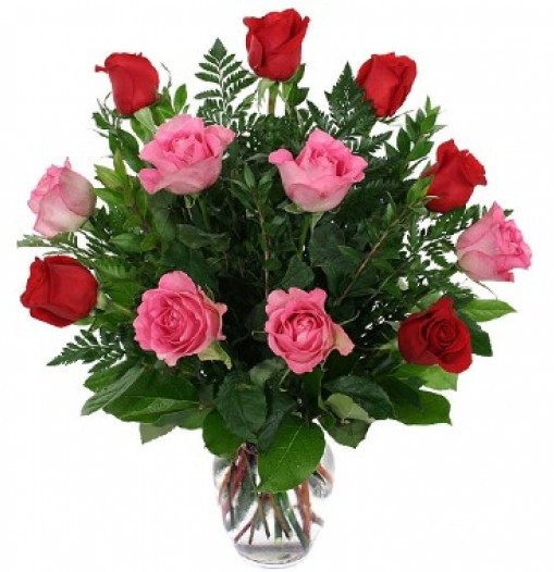 12 pink and red roses Vase included