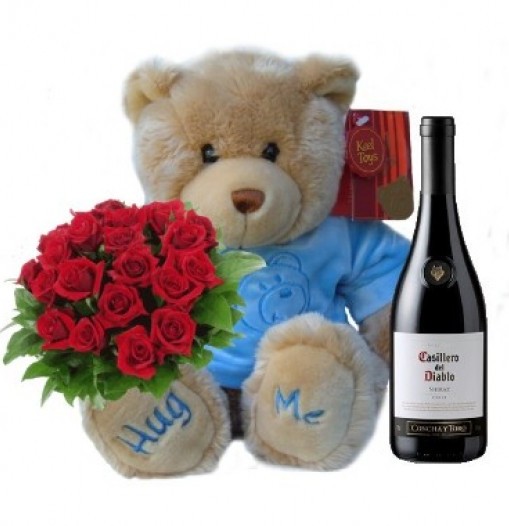 Valentine's  teddy bear, roses and wine