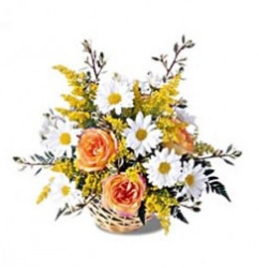 Arrangement of roses and daisies