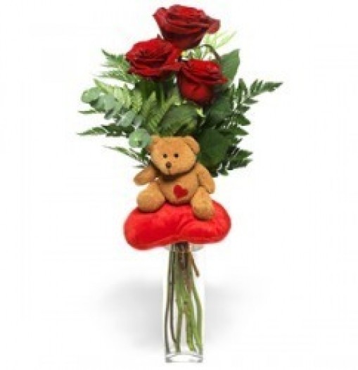 Little teddy bear with 3 roses