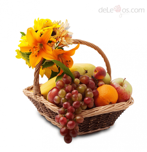 Frutal basket with lilies and sunflowers or gerberas