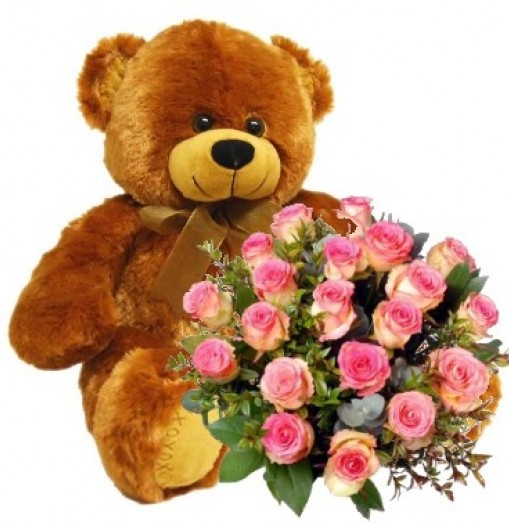 Two dozen roses bouquet and teddy bear