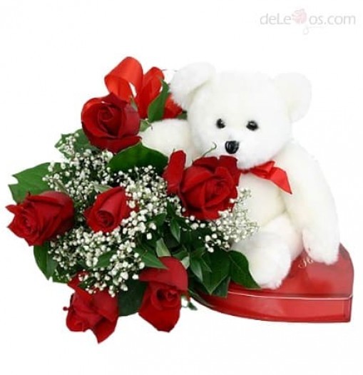 6 roses. Chocolates and Bear included