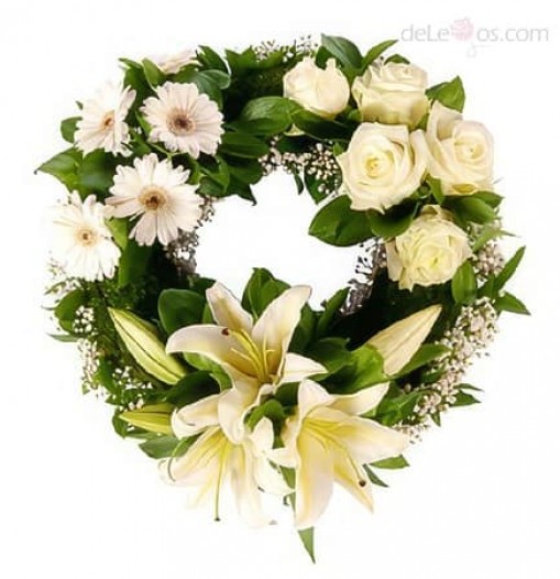 Wreath with roses, liliums and daisies