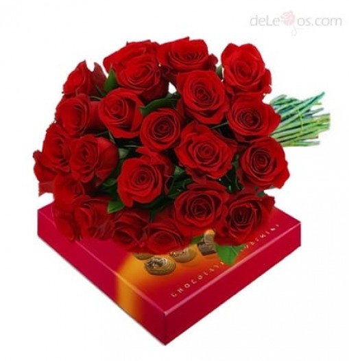 Bouquet of  24 roses. Chocolates box included