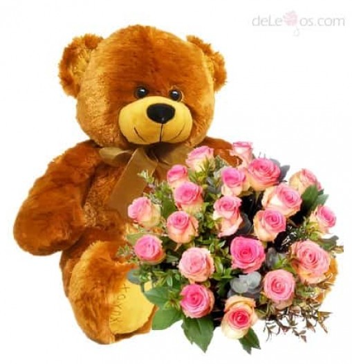 Two dozen roses bouquet and teddy bear