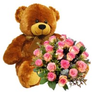 Two dozen roses bouquet and teddy bear