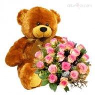 Two dozen roses bouquet and teddy bear